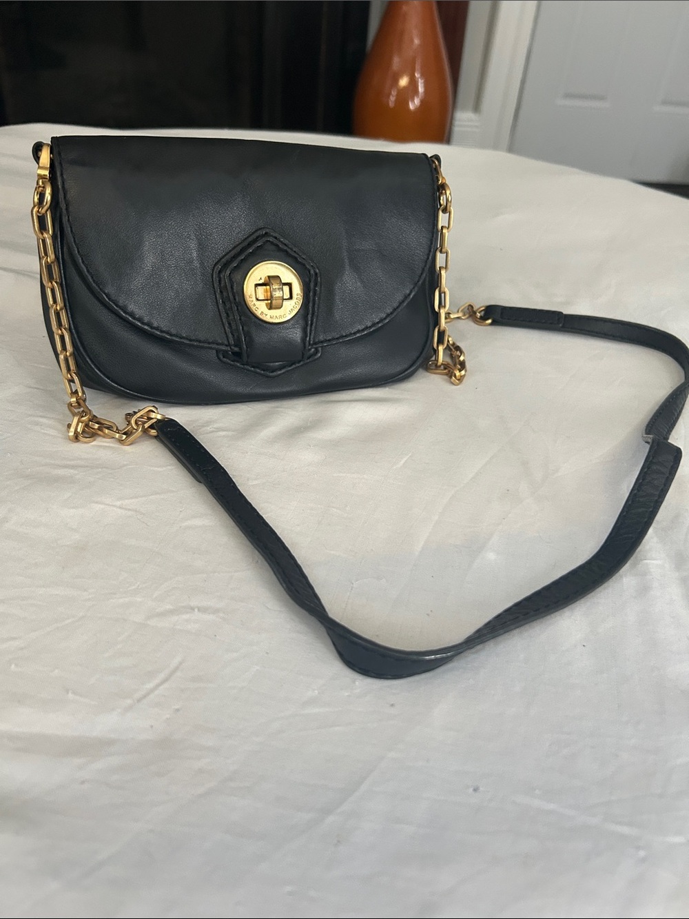 Marc by Marc Jacobs Black Leather Crossbody with Gold Chain Strap 9” X 6.5”